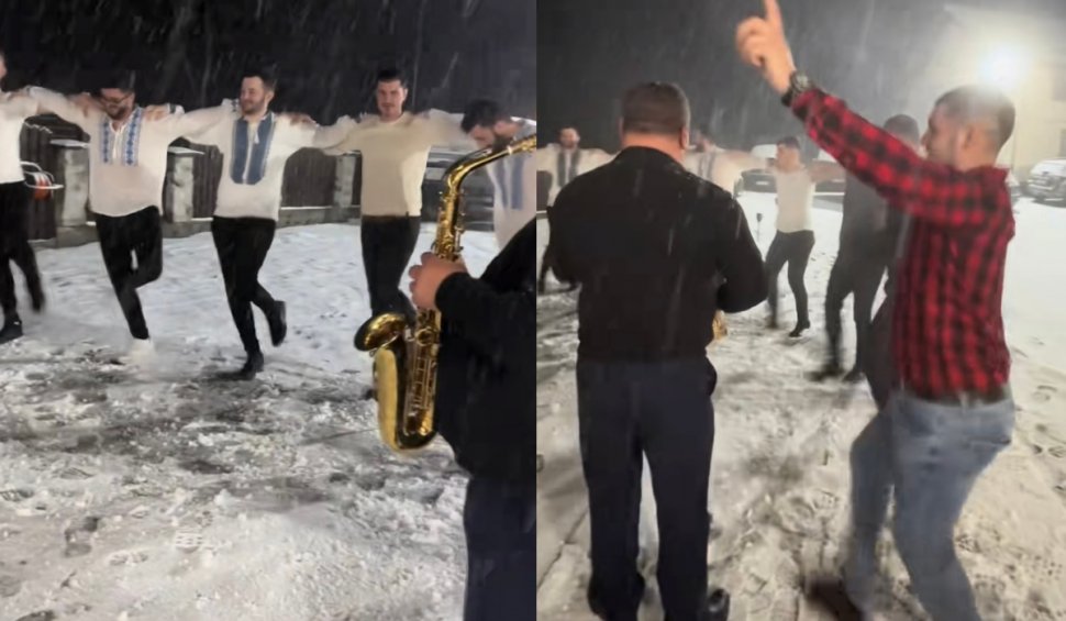 Imagini virale cu un grup de tineri care dansează noaptea afară, de bucurie că ninge, la Rucăr