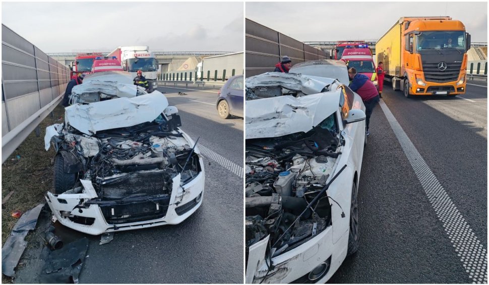 Accident grav pe Autostrada A1, în județul Hunedoara! Un bărbat a ajuns cu mașina sub roțile unui camion