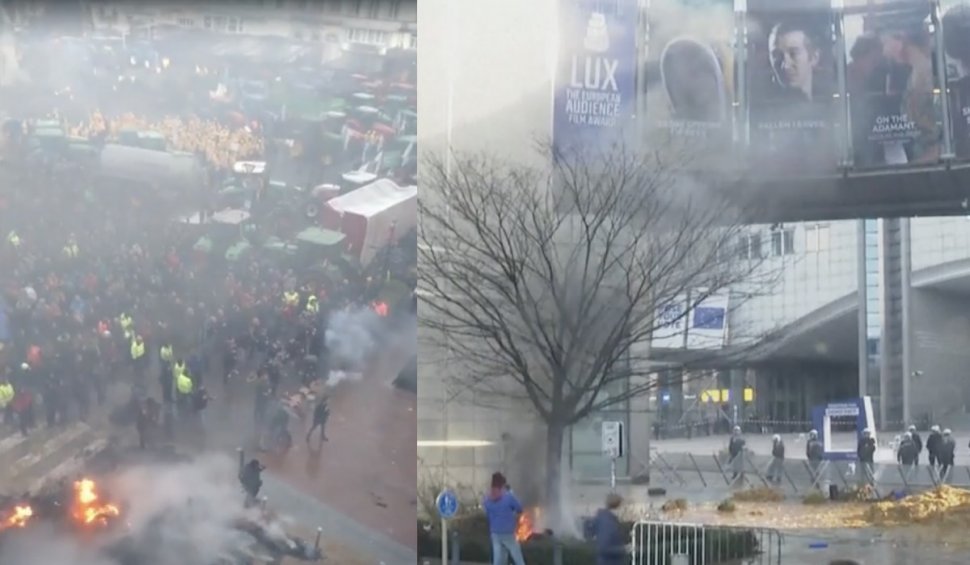 Incendii în fața Parlamentului European de la Bruxelles, provocate de fermierii protestatari. În clădire se află și Klaus Iohannis