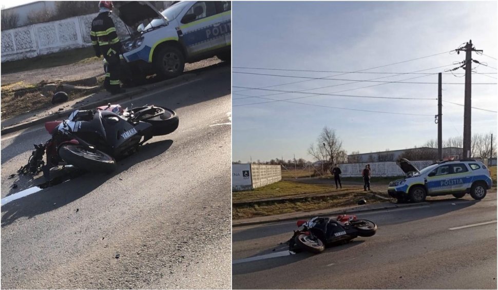 Accident rutier între un motociclist și o mașină de Poliție, care însoțea o ambulanță, în Timișoara