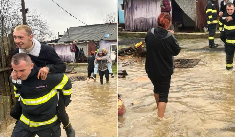 Mai mulți bărbați s-au lăsat "salvați" de apa până la gleznă, urcându-se în spatele pompierilor, în Hunedoara