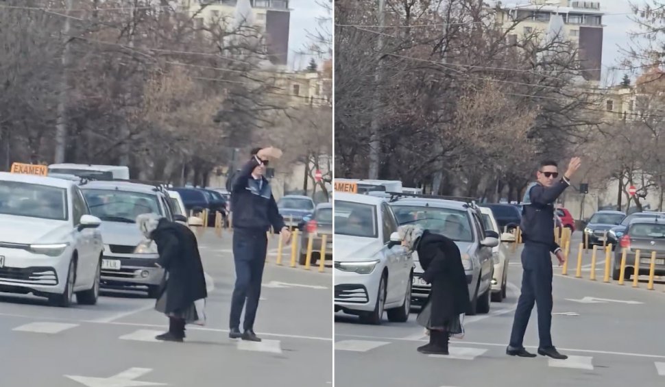 "Așa arată normalitatea": Polițist din Ploiești, surprins când întrerupe examenul auto pentru a ajuta o bunicuță să traverseze strada