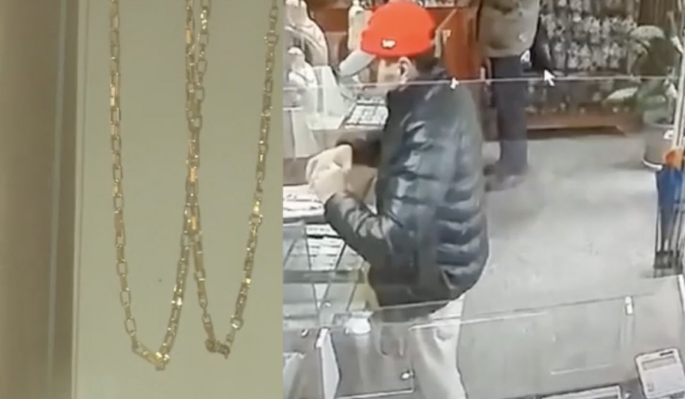 Momentul în care un hoț deghizat în client fură două lanțuri de aur dintr-un magazin, în Timișoara. Poliția îl caută pe individ