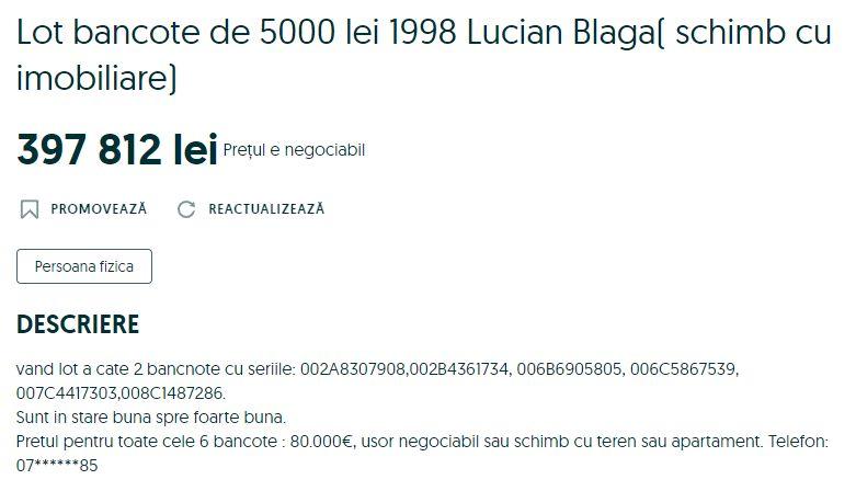 "Vând bancnote vechi din 1998 contra apartament, ușor negociabil!" | Prețul fabulos cerut pe un site de vânzări pentru șase hârtii cu chipul lui Lucian Blaga  888673