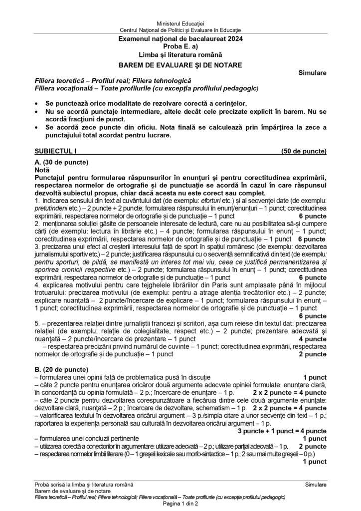 Barem de corectare simulare Bacalaureat 2024 la Limba română 889883