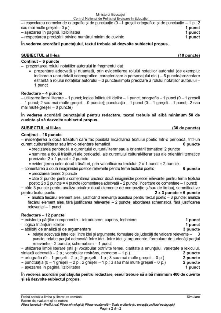 Barem de corectare simulare Bacalaureat 2024 la Limba română 889884