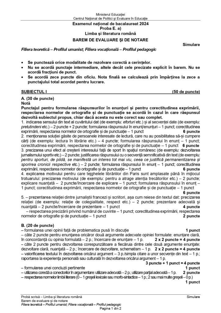 Barem de corectare simulare Bacalaureat 2024 la Limba română 889889