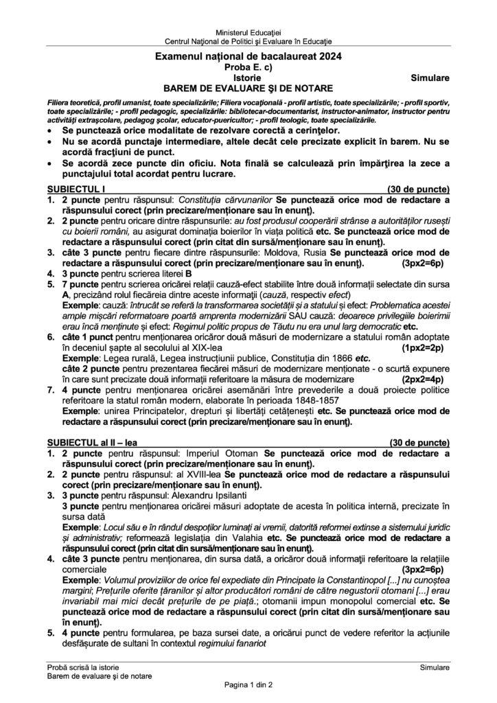 Barem simulare Bacalaureat 2024 la Istorie 890074