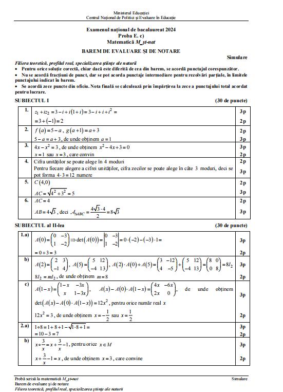 Barem simulare Bacalaureat 2024 la Matematică 890070