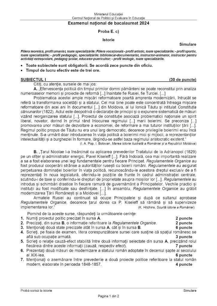 Subiectele la Istorie de la simulare Bacalaureat 2024 au fost publicate 890017