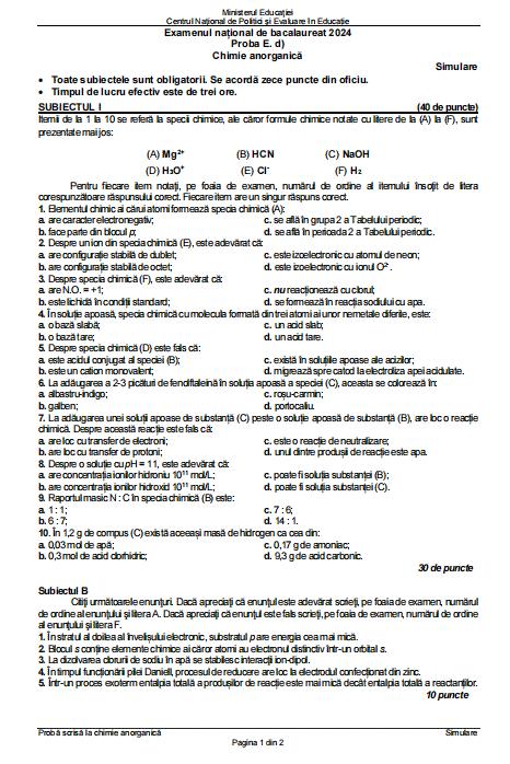 Subiectele la Chimie de la simulare Bacalaureat 2024 au fost publicate 890366