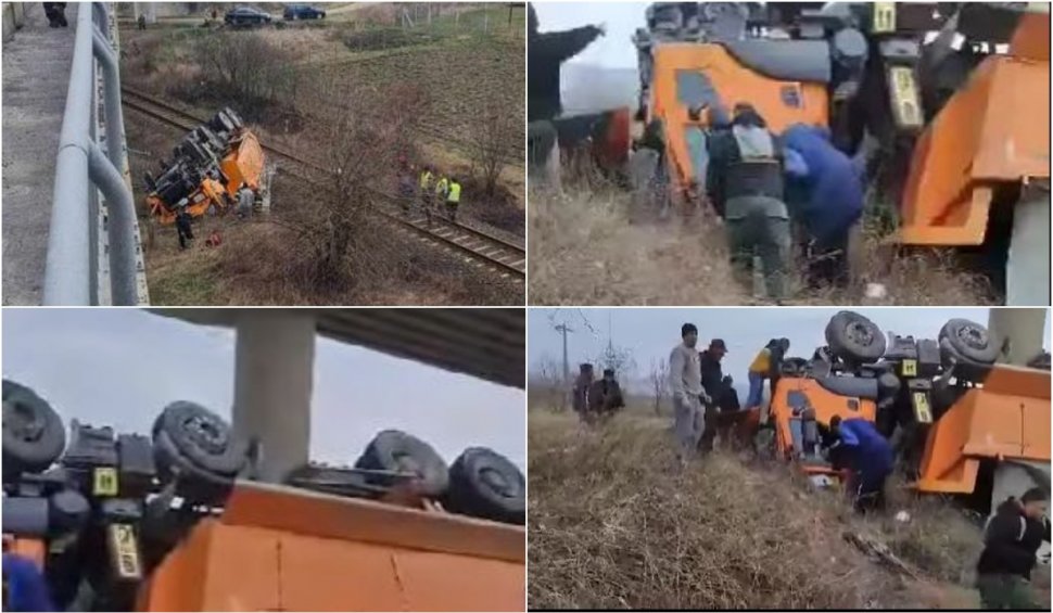 Accident cu trei morți la Sibiu. Un camion a căzut de pe un pod pe calea ferată