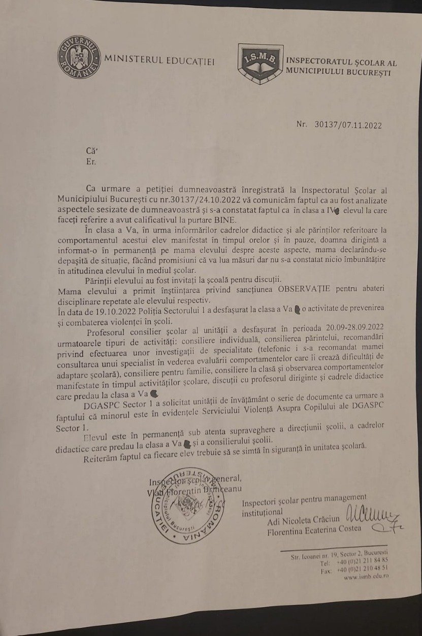 Inspectoratul Școlar din București primise din 2022 o sesizare de la părinți privind comportamentul agresorului din Școala "Nicolae Titulescu"