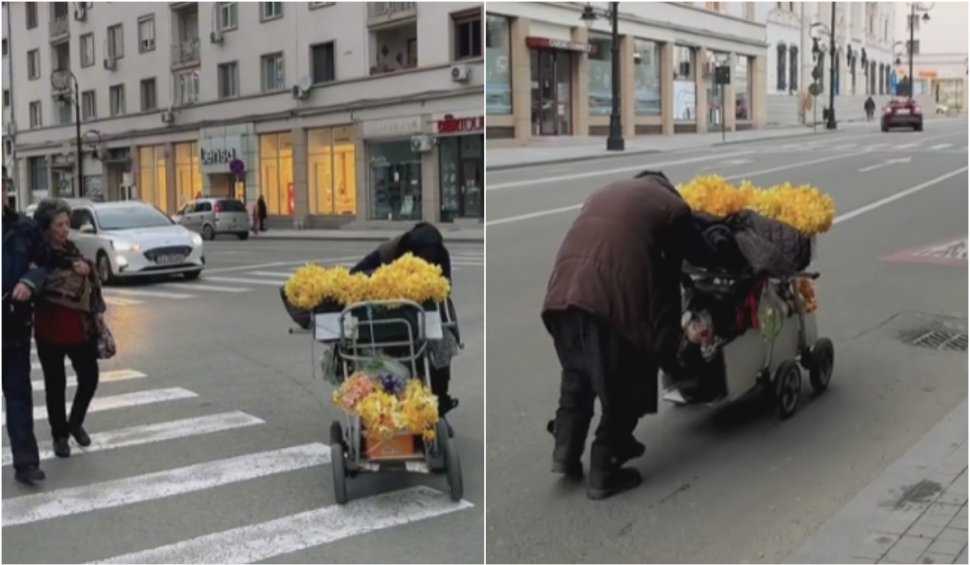 Imagini emoționante cu bunicuța care vinde flori cu căruciorul în Craiova. La 80 de ani continuă să muncească