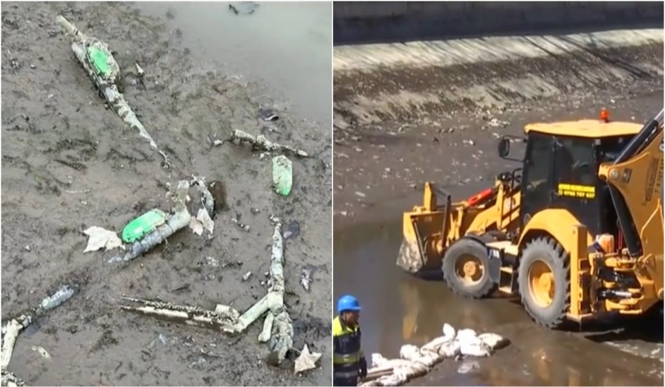 Râul Dâmbovița, transformat într-o groapă de gunoi. Trotinete și sute de deșeuri au ieșit la iveală după ce nivelul apei a fost scăzut