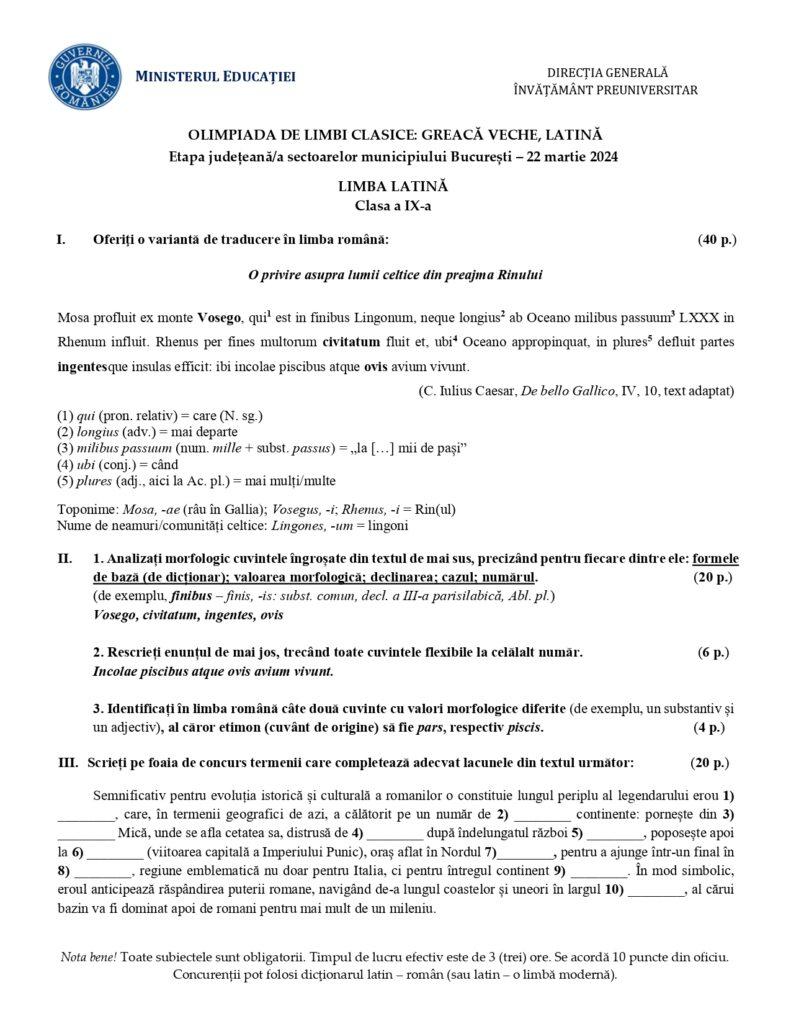 Baremele pentru Latină și Greacă veche, etapa județeană a Olimpiadei de Limbi clasice 2024, publicate de Ministerul Educației  894278