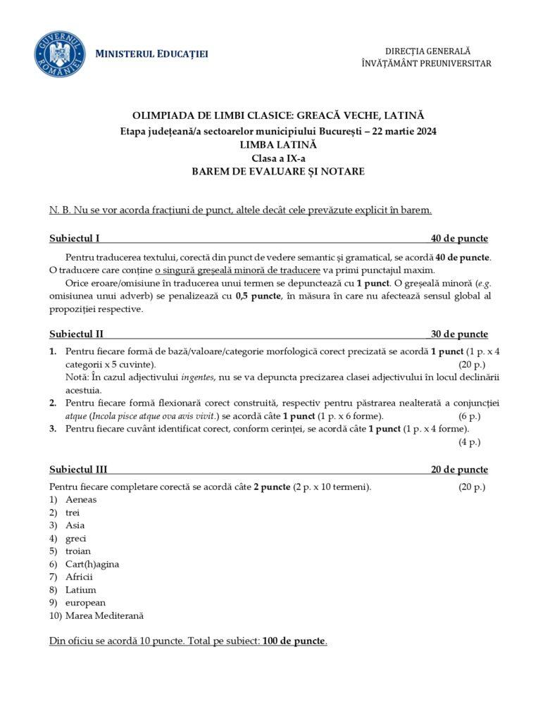 Baremele pentru Latină și Greacă veche, etapa județeană a Olimpiadei de Limbi clasice 2024, publicate de Ministerul Educației  894279