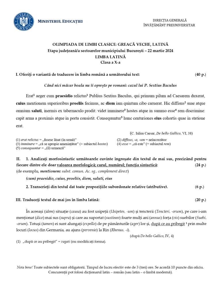 Baremele pentru Latină și Greacă veche, etapa județeană a Olimpiadei de Limbi clasice 2024, publicate de Ministerul Educației  894280