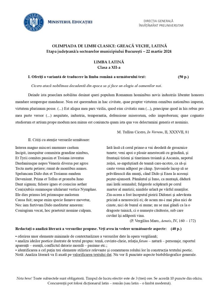 Baremele pentru Latină și Greacă veche, etapa județeană a Olimpiadei de Limbi clasice 2024, publicate de Ministerul Educației  894284