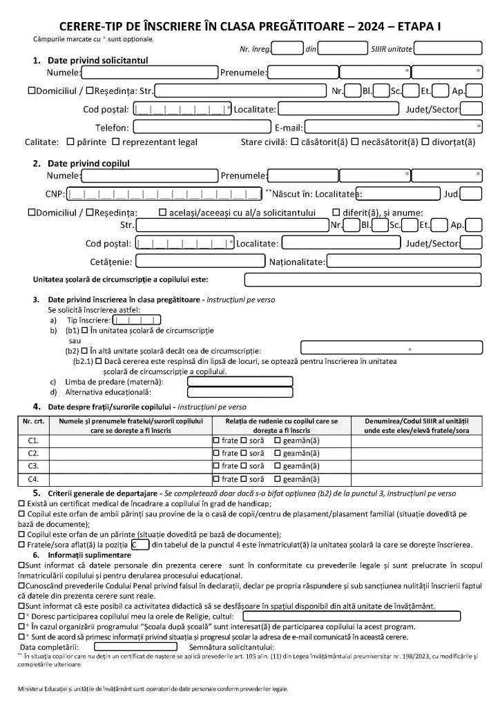 Cerere-tip pentru înscrierea în clasa pregătitoare 2024. Părinții o pot completa și online 896878