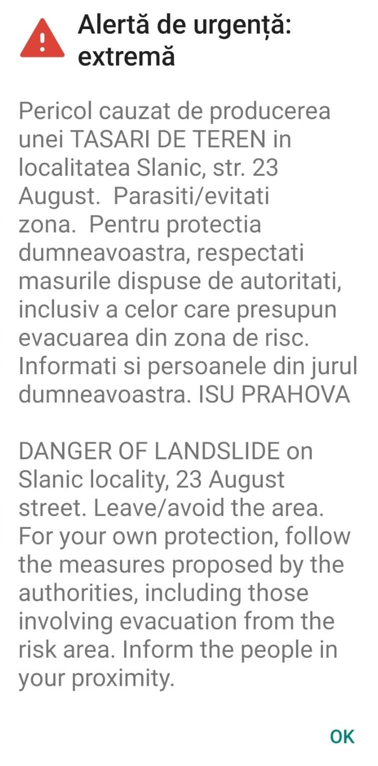 Mesaj RO-Alert în Slănic Prahova! Autoritățile cer oamenilor să evacueze zona în care s-a surpat strada 900478
