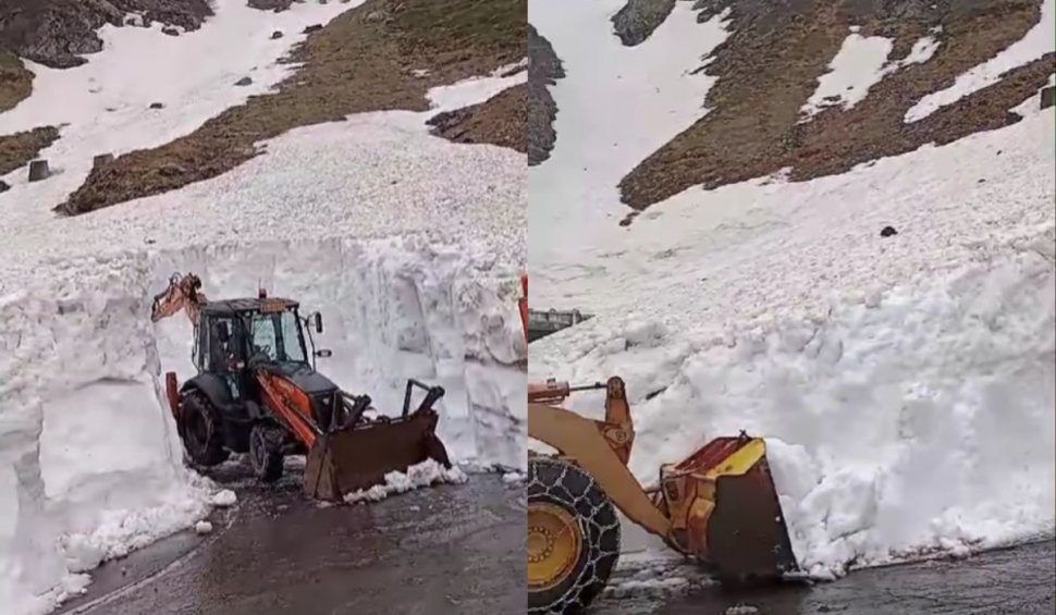 Strat de zăpadă de peste patru metri pe Transfăgărășan. Drumarii lucrează într-o zonă expusă avalanșelor