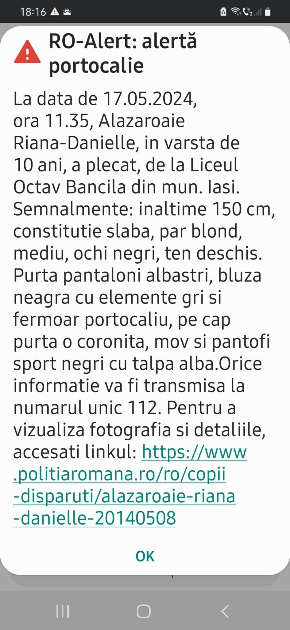 Riana, copila de 10 ani dispărută de la şcoală, a fost găsită de poliţişti într-o localitate din Iaşi 902792