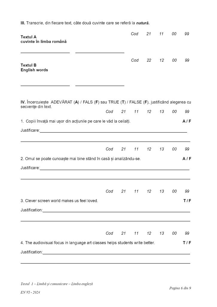 Subiectele la Limba română de la Evaluare Națională 2024, clasa a VI-a, au fost publicate 904470