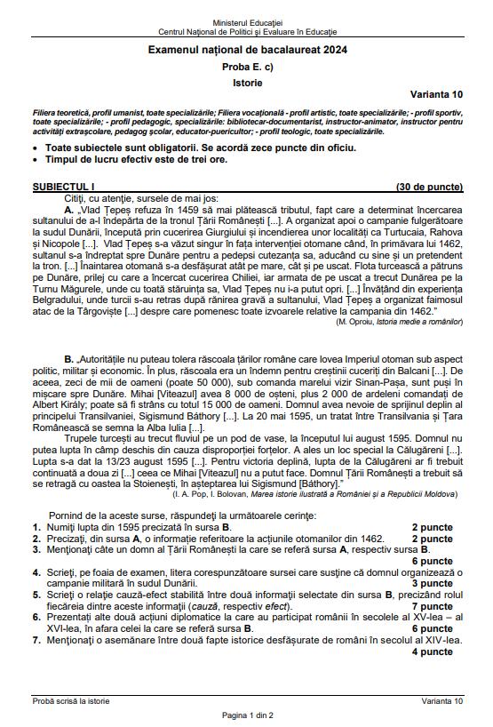 Subiectele şi baremul la Istorie de la Bacalaureat 2024. Ce au primit elevii la examen 910653