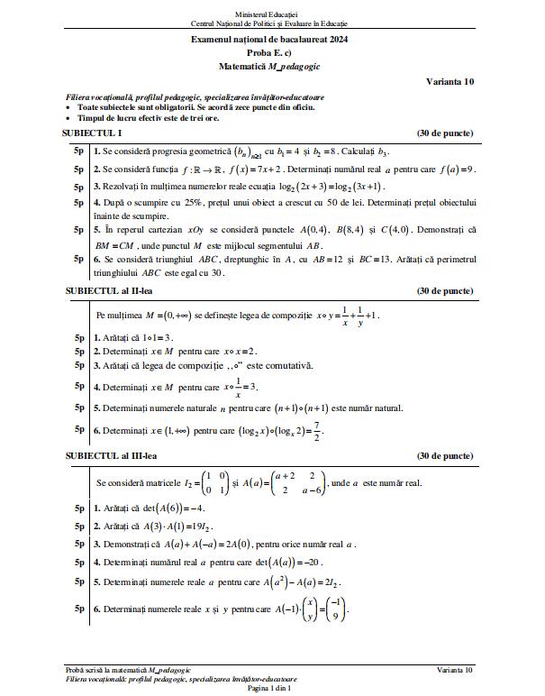 Subiectele şi baremul de corectare la Matematică de la Bacalaureat 2024. Ce au primit elevii la examen 910665
