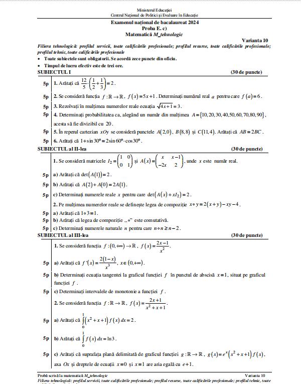 Subiectele şi baremul de corectare la Matematică de la Bacalaureat 2024. Ce au primit elevii la examen 910666