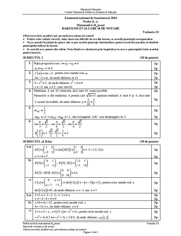 Subiectele şi baremul de corectare la Matematică de la Bacalaureat 2024. Ce au primit elevii la examen 910669