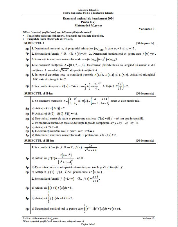 Subiectele şi baremul de corectare la Matematică de la Bacalaureat 2024. Ce au primit elevii la examen 910670