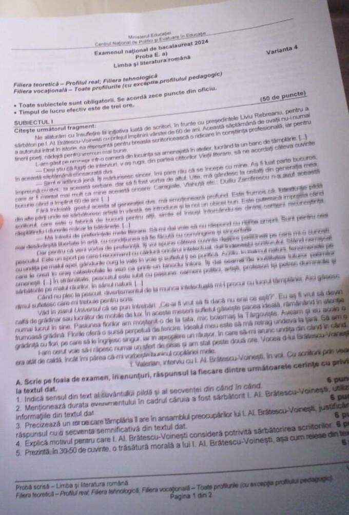 Subiecte şi barem la Română Bac 2024, sesiunea de toamnă. Poezie de Eminescu sau Bacovia la subiectul III, profil real 918210