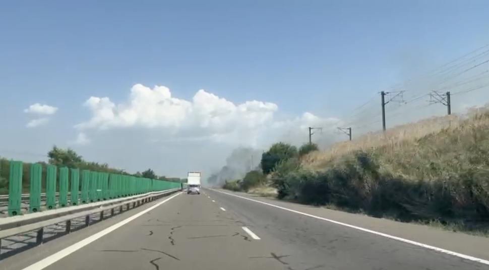 Incendiu de vegetație lângă Autostrada A2, la Podul Cernavodă: Șoferii au filmat focul. Circulația trenurilor a fost oprită 918972