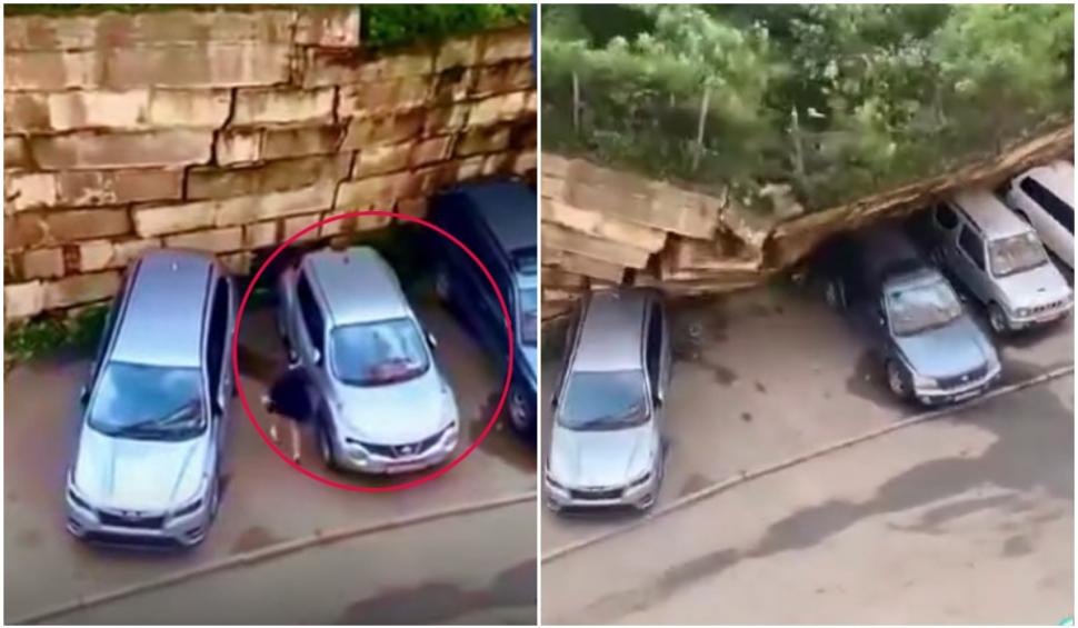 Momentul în care o femeie își salvează maşina din calea unei alunecări de teren, în Rusia 920003