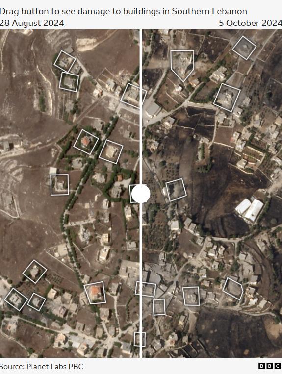 Cum se vede din satelit "zona moartă" din Liban. Mai multe clădiri au fost distruse în două săptămâni decât într-un an întreg de război 930921