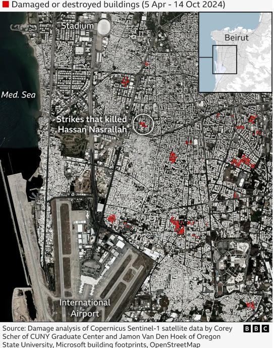 Cum se vede din satelit "zona moartă" din Liban. Mai multe clădiri au fost distruse în două săptămâni decât într-un an întreg de război 930923