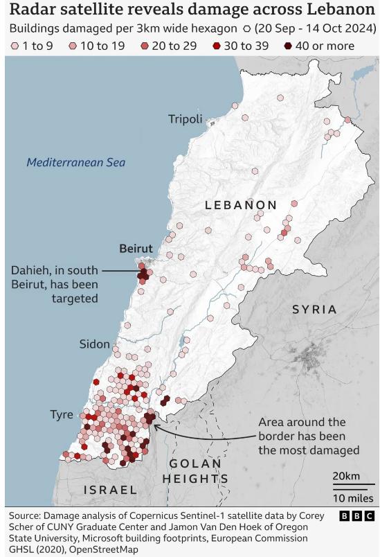 Cum se vede din satelit "zona moartă" din Liban. Mai multe clădiri au fost distruse în două săptămâni decât într-un an întreg de război 930924