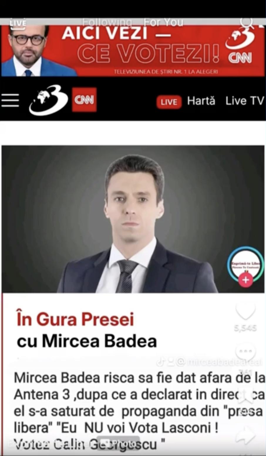 Mircea Badea dezminte o postare falsă cu el care a circulat pe TikTok: „E un fake. Nu am spus niciodată că votez cu Călin Georgescu” 939395