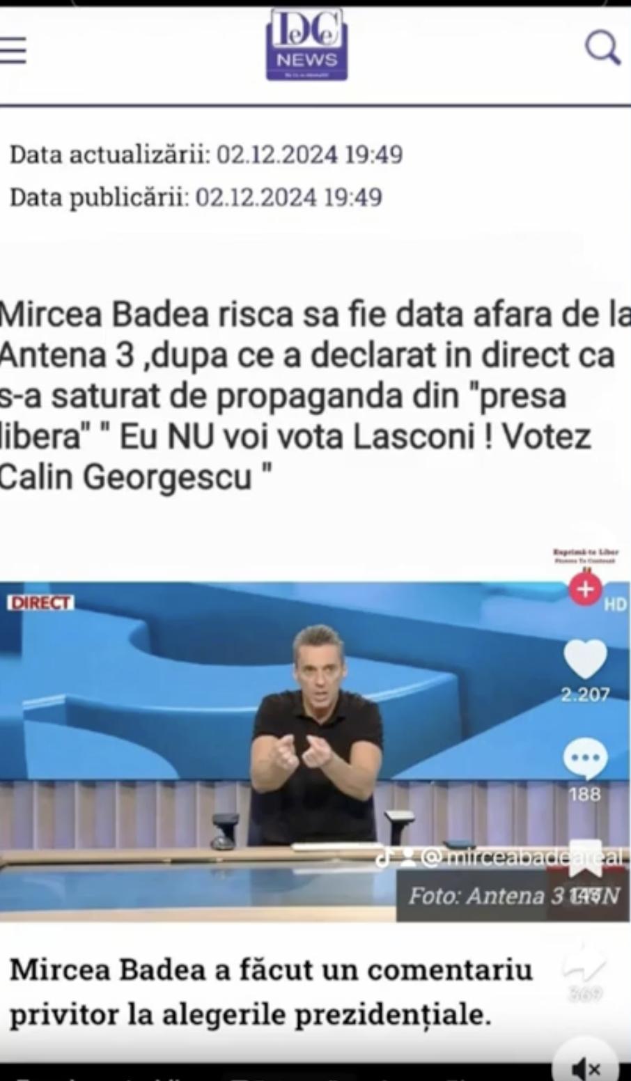 Mircea Badea dezminte o postare falsă cu el care a circulat pe TikTok: „E un fake. Nu am spus niciodată că votez cu Călin Georgescu” 939396