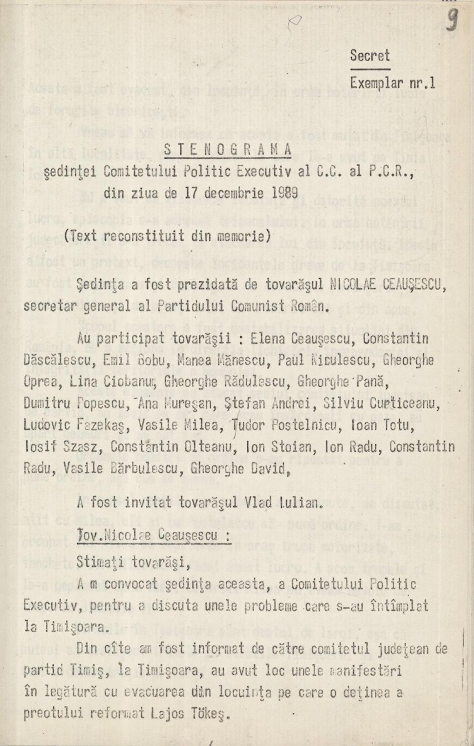 35 de ani de la căderea comunismului. Stenograme cu ordinele lui Ceaușescu la evenimentele din 16-20 decembrie 1989 de la Timişoara 941302
