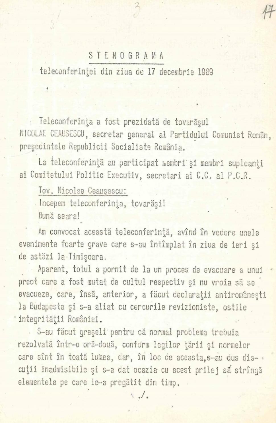 35 de ani de la căderea comunismului. Stenograme cu ordinele lui Ceaușescu la evenimentele din 16-20 decembrie 1989 de la Timişoara 941319
