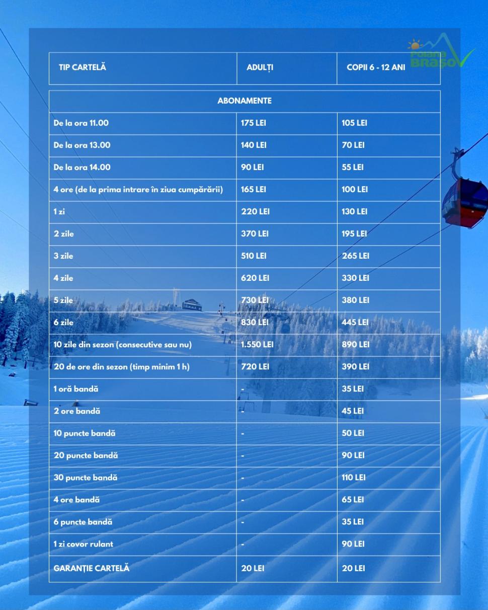 Sezonul de schi 2024-2025 s-a deschis astăzi la Poiana Brașov. Lista de prețuri pentru teleschi, telescaun, telecabină și telegondolă 941833