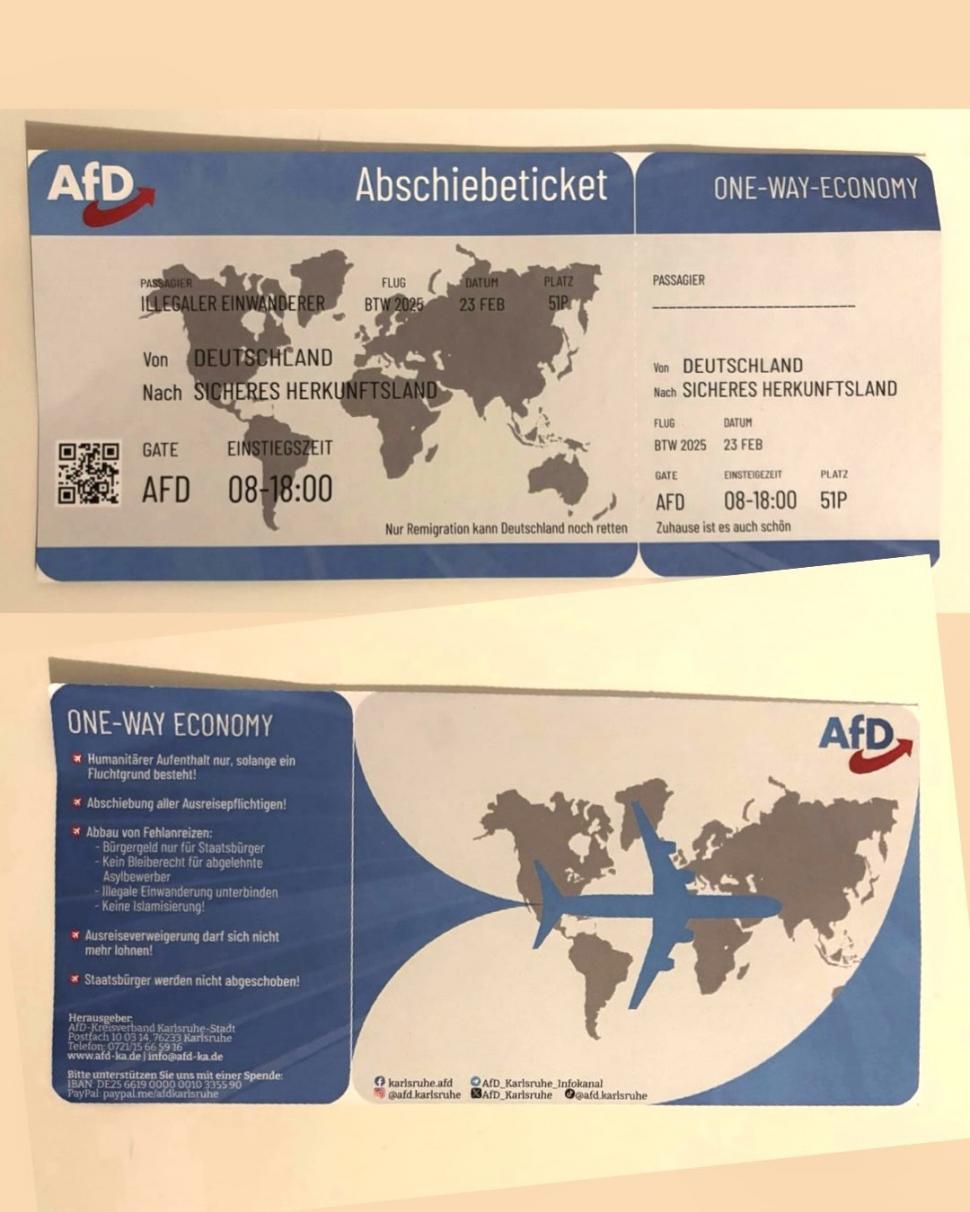 AfD distribuie "bilete de avion fără întoarcere" pentru migranții din Germania, înainte de alegeri. Metoda a fost folosită de naziști 946216
