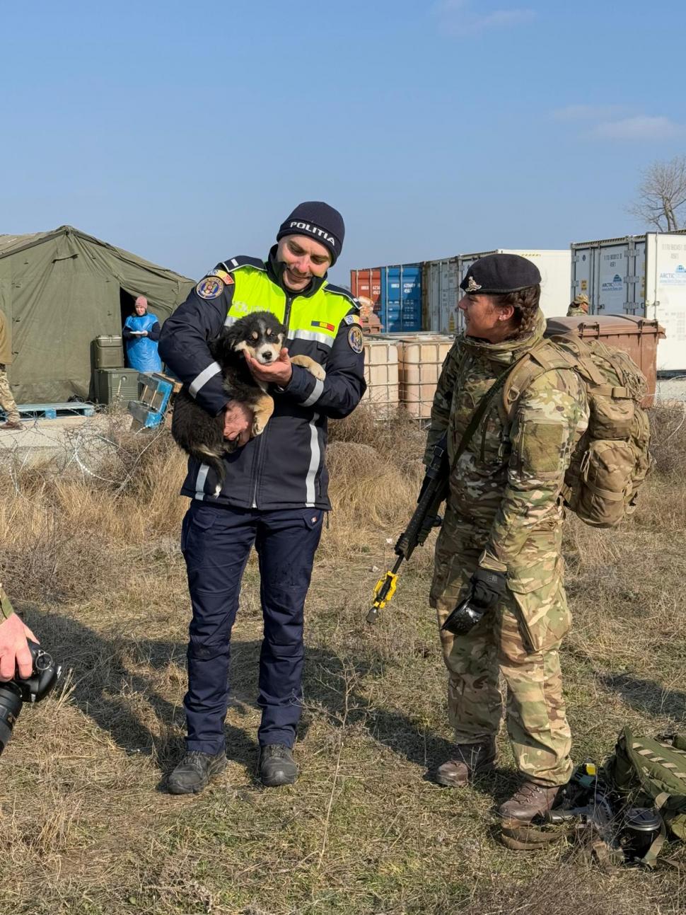 Un soldat britanic a salvat 4 cățeluși, în timpul unui exercițiu militar pe Poligonul Smârdan din Galați. Apoi a decis să-i adopte 952363