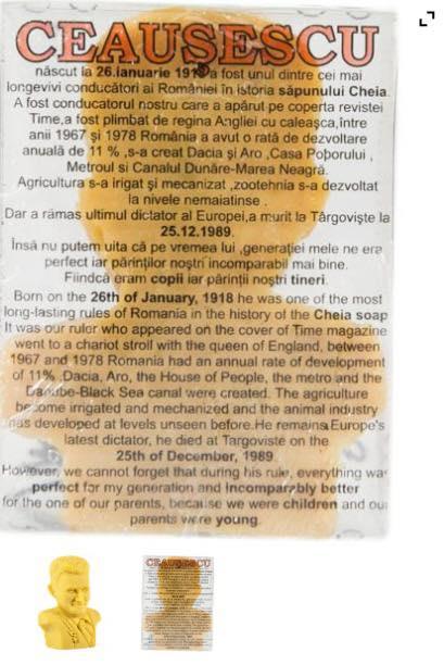 Un săpun ştanţat cu figura lui Nicolae Ceauşescu, vândut online sub denumirea "omagiu Ceauşescu". A fost depus un denunţ penal 962614