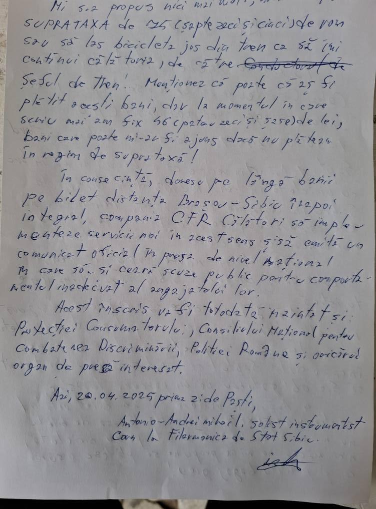 Ce a păţit în ziua de Paști un artist din Sibiu căruia nu i-a fost calculată suprataxa pentru bicicletă în gară, dar s-a urcat în tren 967019