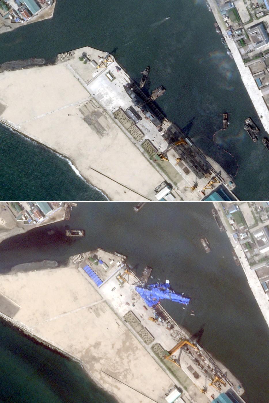 Nord-coreenii au pus baloane pe distrugătorul de 5.000 de tone eșuat în port. Kim încearcă cu disperare să-și salveze vasul de război 977103