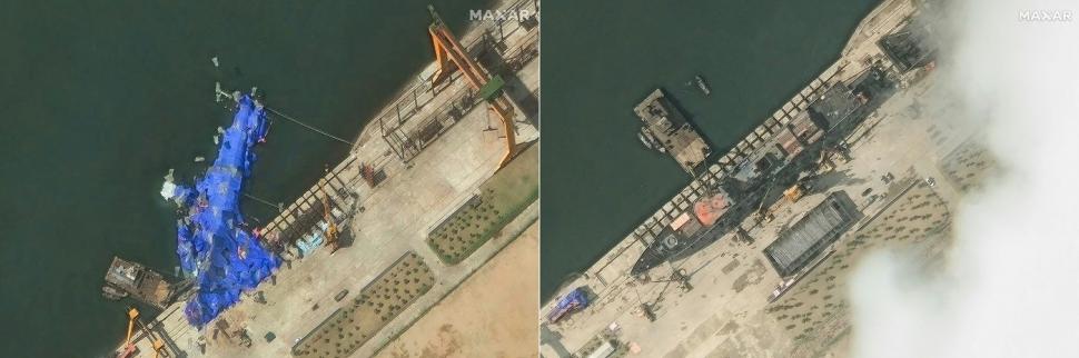 Nord-coreenii au pus baloane pe distrugătorul de 5.000 de tone eșuat în port. Kim încearcă cu disperare să-și salveze vasul de război 977104